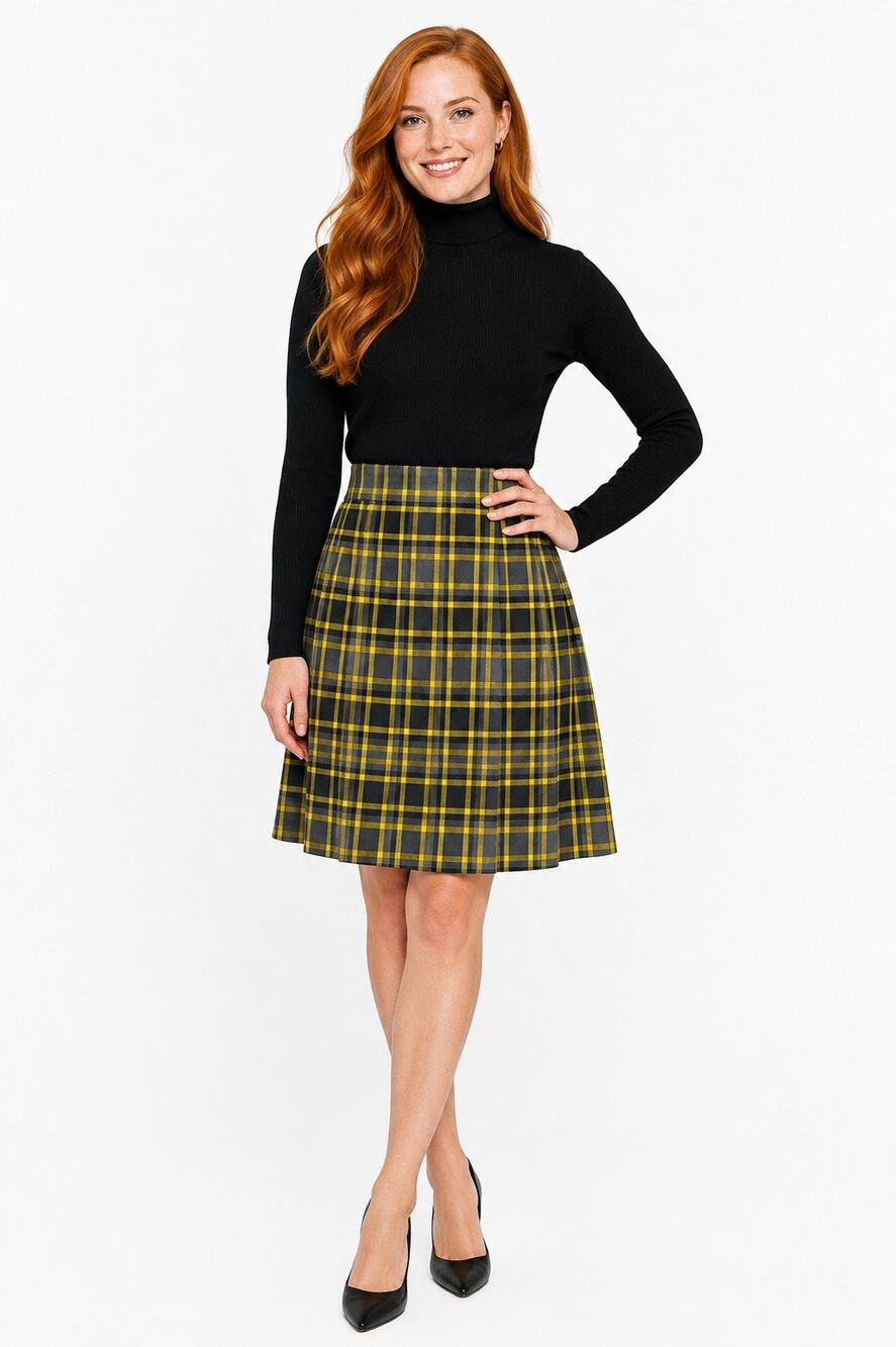 Theory Gray & Yellow Plaid Wool Blend Pleated A-Line Mini Skirt